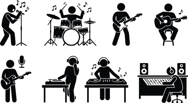 Music band and studio recording icon set with musicians singers djs and audio engineering stick figures vector