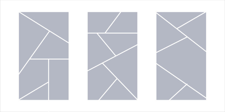 Image collage layout template. Grey mosaic mood board grid collection. Picture frame set. Photo album idea for banner, poster, comic page, flyer, brochure, booklet, memory wall design. Vector pack