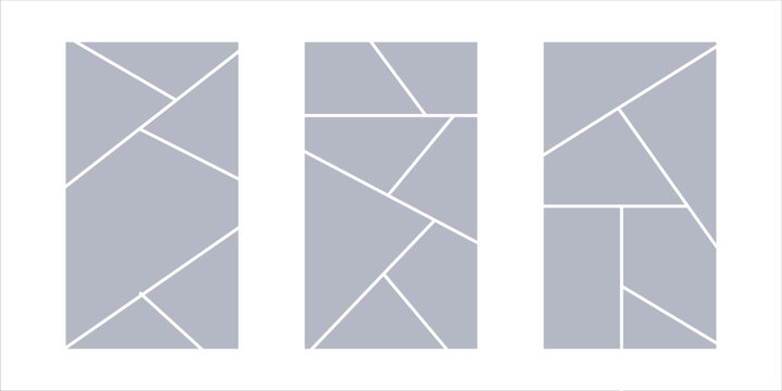 Image collage layout template. Grey mosaic mood board grid collection. Picture frame set. Photo album idea for banner, poster, comic page, flyer, brochure, booklet, memory wall design. Vector pack