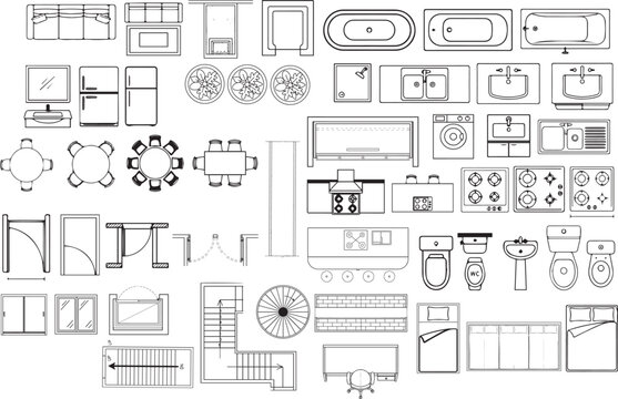 Comprehensive collection of top-view architectural floor plan symbols and furniture icons