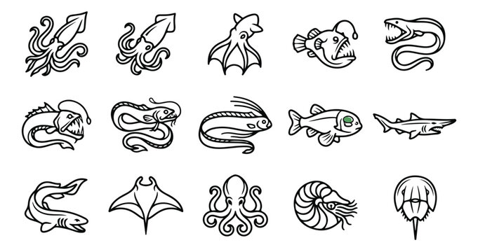 Deep sea creature line art icons, set of 15 aquatic animal vector illustrations, black and white marine life symbols for oceanography and biology