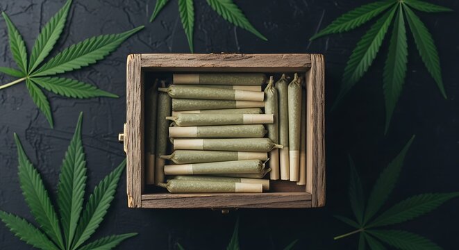 A wooden box holds rolled cannabis cigarettes, surrounded by cannabis leaves, on a dark surface