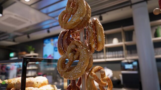Sugar-coated pretzels hanging on display in a modern bakery or caf&eacute;. Concepts of baked food, snack retail, confectionery and fresh pastry presentation