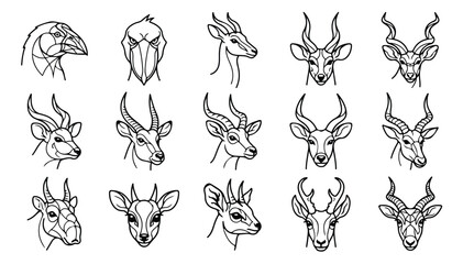 Minimalist geometric antelope head icons, set of 15 black line art animal portraits, modern safari wildlife vector illustrations for branding © ALI