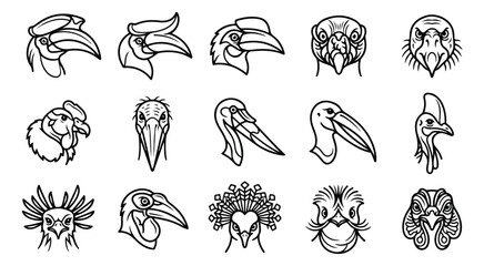 Minimalist exotic bird head icons, set of 15 tropical bird line art vectors, hornbill and toucan profile illustrations for logo design and branding © ALI