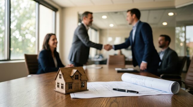 Real estate deal closing with handshake house model and architectural plans on table