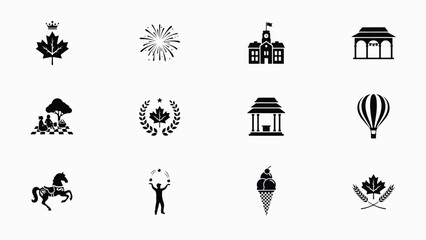 Black and white icon set featuring cultural symbols festivities with laurel branch maple leaf collection with collection © Rahul