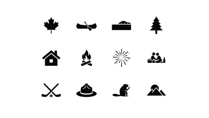 Obraz premium Minimalist black icons set featuring outdoor adventure wildlife and recreational activities in clean grid layout