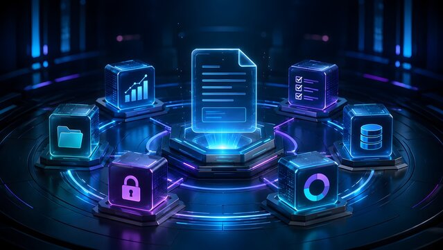 Digital document at the heart of a secure, interconnected data management system with advanced analytics and robust protection.