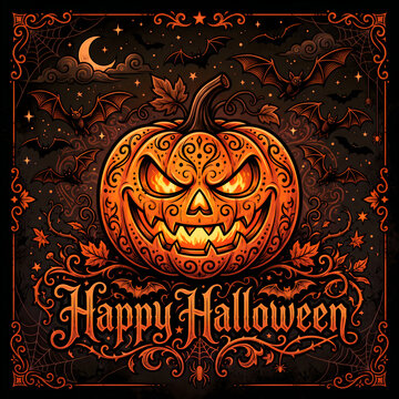Spooky Halloween Pumpkin with Bats and Ornate Border for Festive Celebrations
