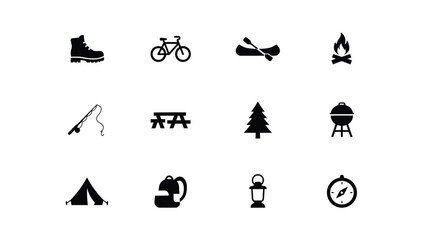 Naklejka premium Minimalist black and white outdoor adventure icons set with all rendered bold black silhouettes against neutral background versatility clarity