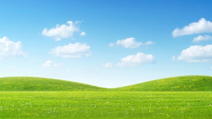 Obraz premium Vibrant Green Meadow Under Bright Blue Sky with Fluffy Clouds Landscape