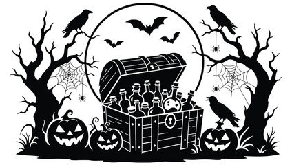 Halloween treasure chest with magic potions, pumpkins, crows, bats, and spider webs