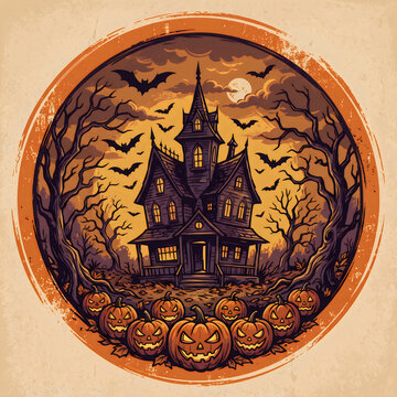 Spooky Haunted House with Pumpkins and Bats in a Circle