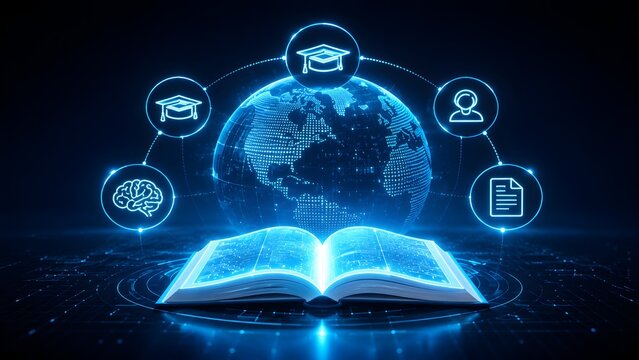 Global Digital Education Concept with an Open Glowing Book, Earth, and Interconnected Icons Representing Online Learning and Knowledge Access.