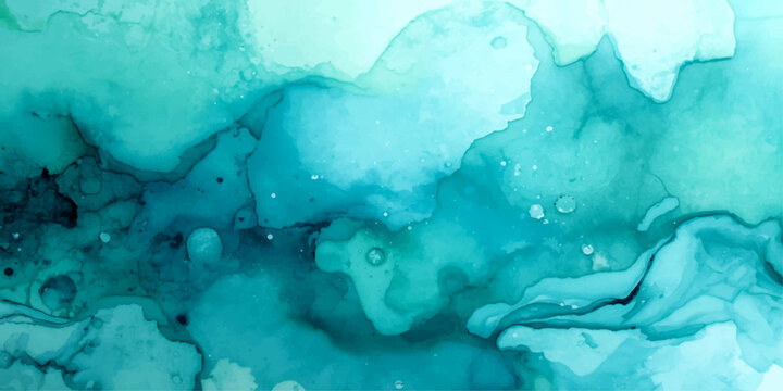 An abstract watercolor painting in shades of turquoise and deep blue, resembling ocean currents or flowing ink.