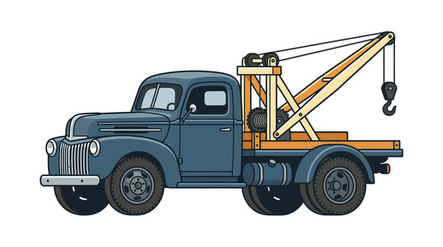 Illustration of a vintage blue tow truck with a crane.