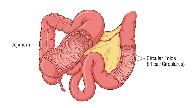 Small intestine jejunum loop with cross section displaying internal circular folds anatomy.