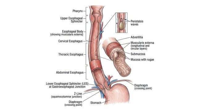 Anatomy of human esophagus diagram showing pharynx and lower esophageal sphincter structure.