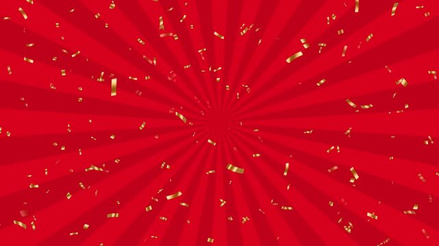 red sun burst and golden confetti falling rain animation, black friday big sale shopping stream blank social media motion background