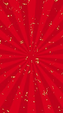 red sun burst and golden confetti falling rain animation, black friday big sale shopping stream blank vertical social media motion background