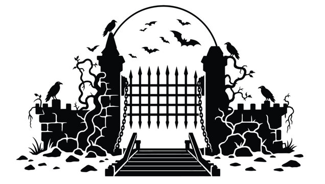 Halloween gate with iron fence, stone pillars, bridge, ravens and bats silhouette