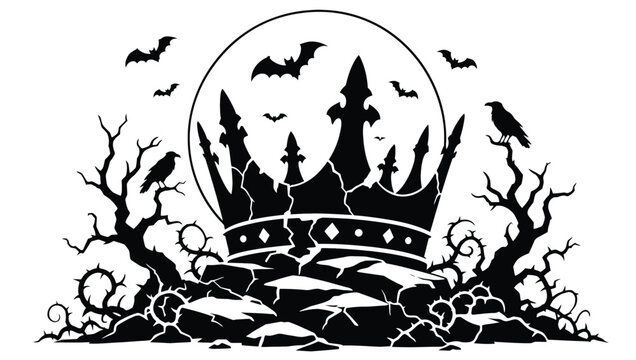 Broken crown on a stone pedestal with thorny branches, ravens, and bats, gothic fantasy illustration