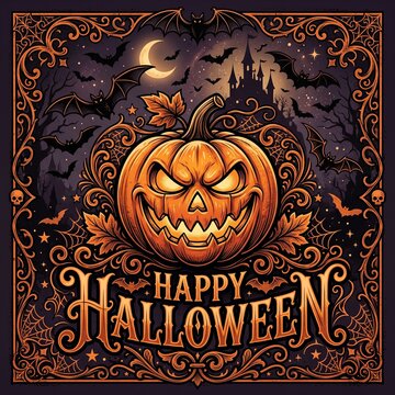Scary jack o lantern with bats and haunted castle at night