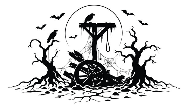 Halloween silhouette background with gallows, crows, bats, and dead trees