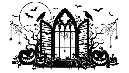 Halloween gothic window with pumpkins, bats, ravens and spider webs silhouette spooky haunted house element for holiday decoration, greeting card or party invitation design © Hikari Vector Studio