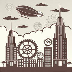 Steampunk cityscape illustration with zeppelin airship and mechanical gears steampunk zeppelin © Md