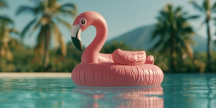 Pink inflatable flamingo float floating on a clear blue swimming pool with blurry palm trees background, concept for summer vacation promotion, travel advertising and leisure lifestyle