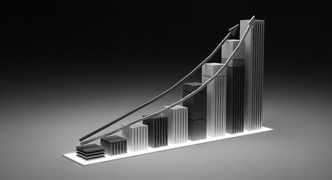 Abstract 3D graphic of a rising bar chart with a curved arrow, in shades of gray