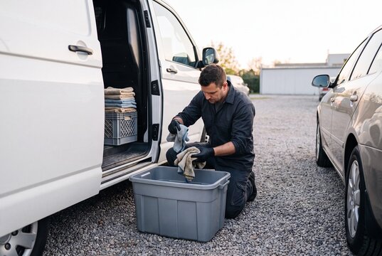 Professional car detailer cleaning vehicle outdoors