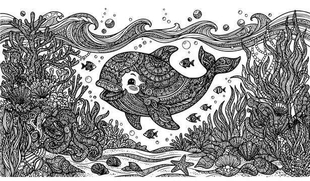 Cute Ocean Whale Zendoodle Coral Landscape Vector for Adult Coloring Book Decorative Background