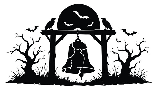 Halloween silhouette with a cracked bell, ravens, bats, and spooky dead trees