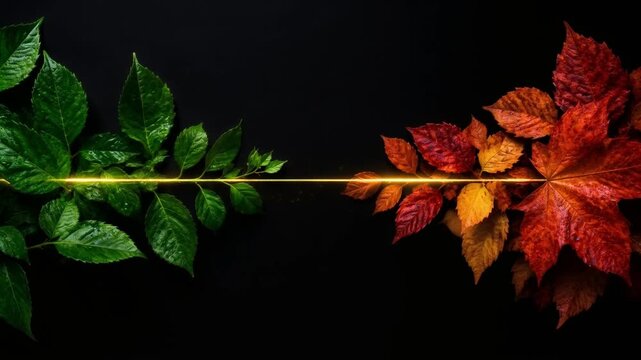 Green and red autumn leaves divided by line on black background  