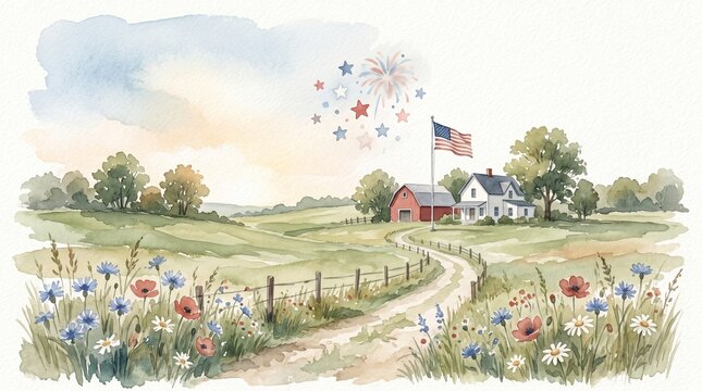 Watercolor patriotic farm landscape, American flag, red barn, wildflowers, summer scenery