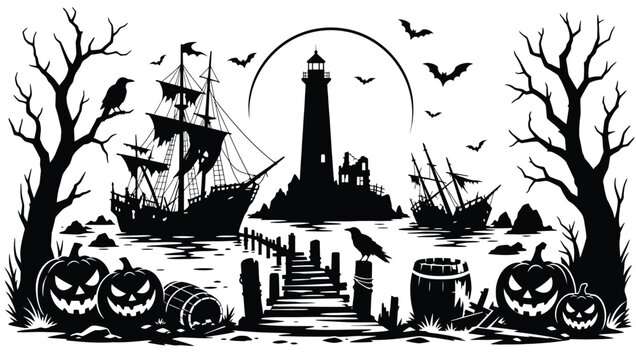 Halloween landscape silhouette with lighthouse, pirate ship, spooky trees, pumpkins, and bats