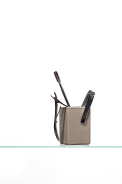 Essential manicure set products, metal nail clippers, cuticle nippers, pusher for a perfect nail at home or beauty salon