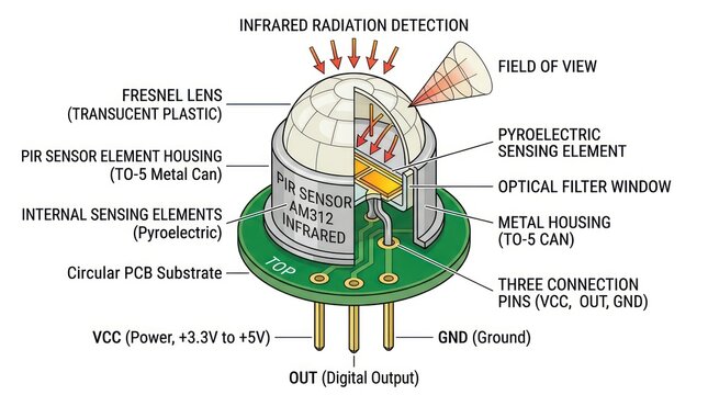 PIR infrared motion sensor technical diagram illustration showing internal components cut.