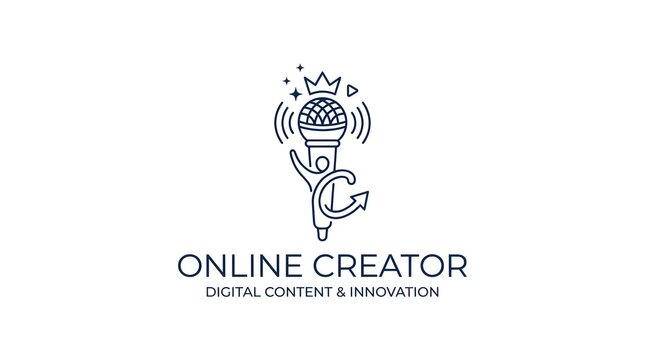 Online creator logo design with microphone crown stars and digital content innovation text.