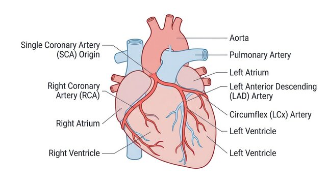 Single coronary artery sca origin diagram showing heart anatomy with vessel labels vector.