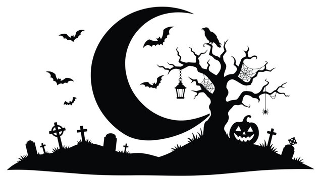 Halloween silhouette background with crescent moon, dead tree, tombstones, bats, spider web, jackolantern and raven