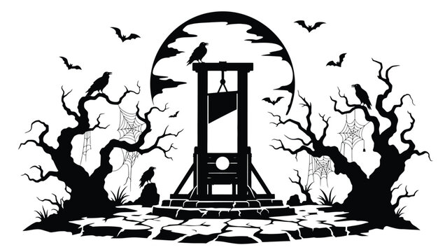 Halloween guillotine silhouette with spooky trees, ravens, bats, and spider webs