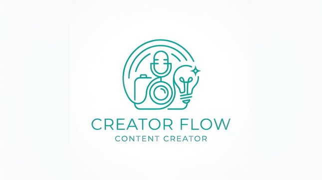 Creator flow content creator logo design featuring camera microphone and lightbulb icons.