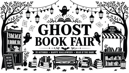 Ghost book fair halloween event poster with spooky ghosts, vintage bookshelves, lanterns, and autumn leaves, black and white vector illustration © Hikari Vector Studio