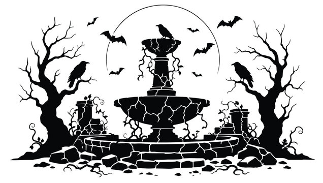 Halloween fountain with ravens and bats, spooky night scene with dead trees and full moon, gothic garden element, vector illustration