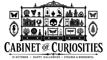 Cabinet of curiosities vintage collection illustration with skull, crystals, insects, fossils, books, and natural specimens, halloween theme design element © Hikari Vector Studio