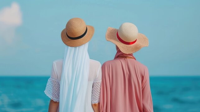 Two women from behind dressed modestly with hijabs and summer hats stand by the serene blue ocean enjoying a peaceful seaside vacation